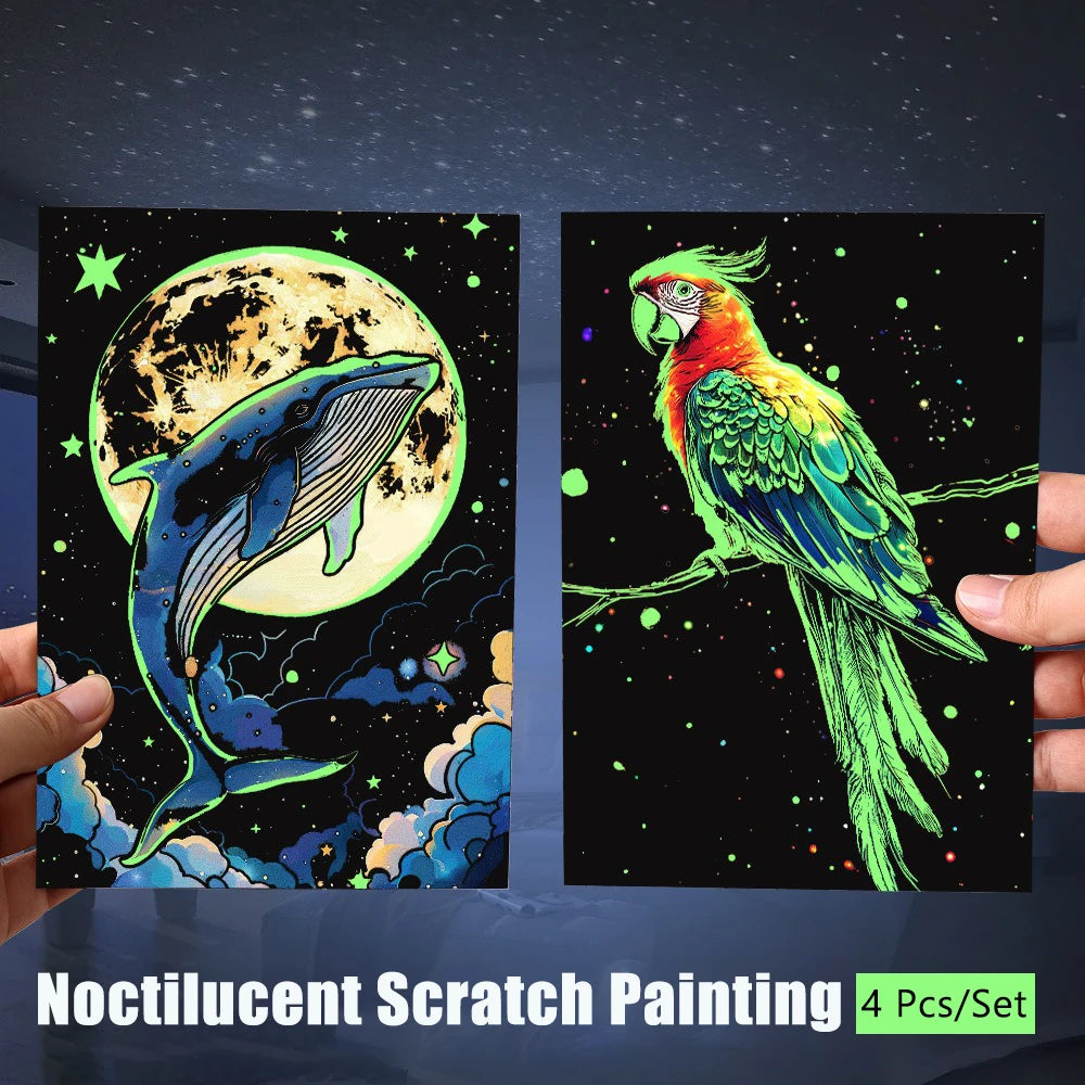 CowLost | product_id-4-pcs-a5-noctilucent-diy-scratch-painting-set-castle-landscape-animal-night-scenes |4
