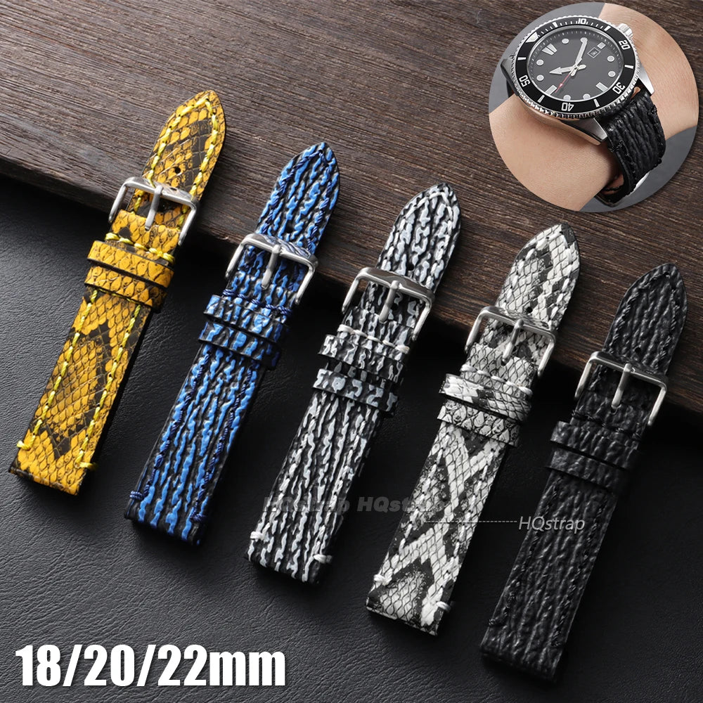 Handmade Vintage Leather Watchband 18-22mm for Seiko Panerai Snake Shark Skin Pattern Cowhide