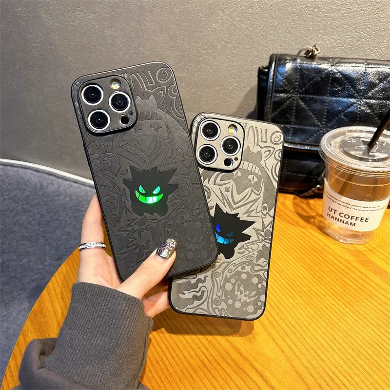 CowLost | cute-cartoon-gengar-laser-embossed-leather-texture-shockproof-phone-case-for-iphone-11-to-17-pro-max |1