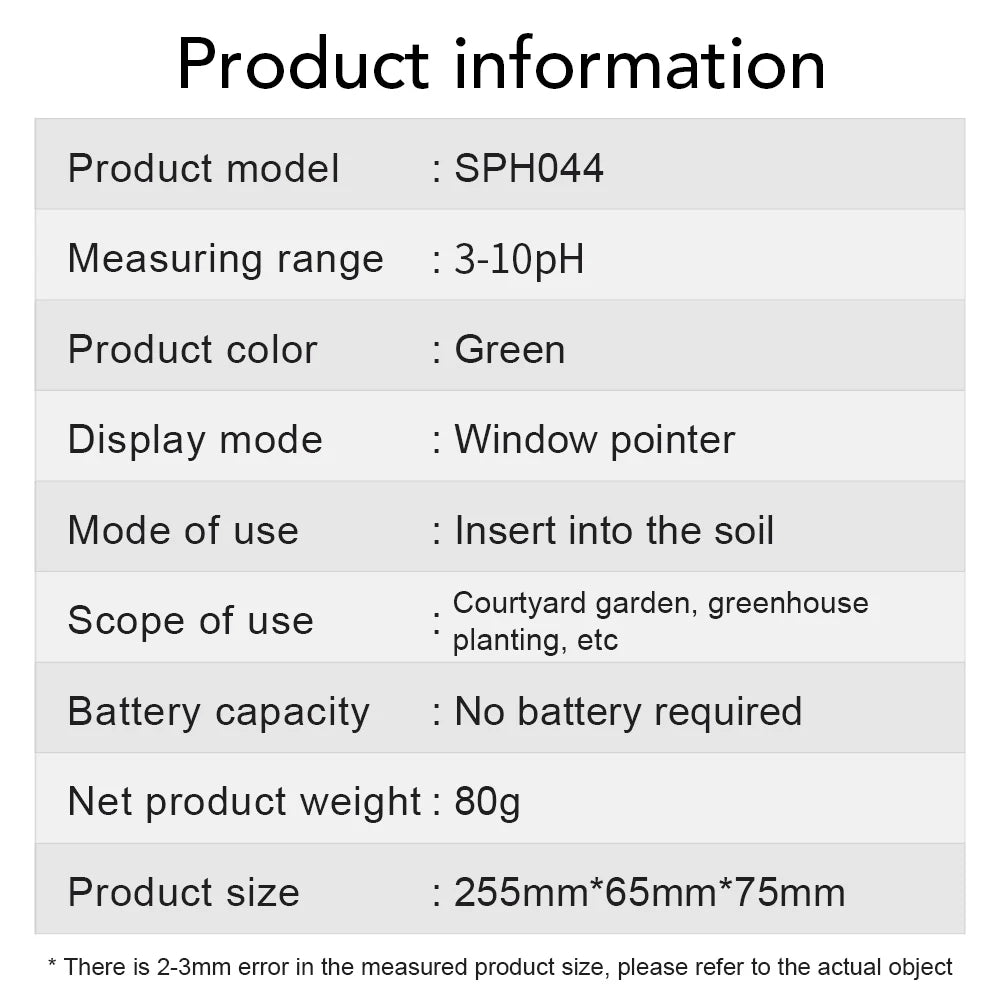 Handheld Soil PH, Moisture & Fertility Meter with Metal Probe No Batteries Needed