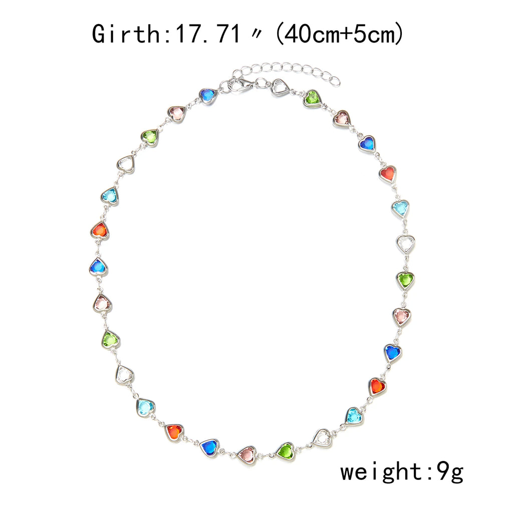 CowLost | exquisite-rainbow-zircon-heart-choker-necklace-for-women-korean-crystal-gold-color-metal-chain-collar-girls-party-beach-jewelry |4