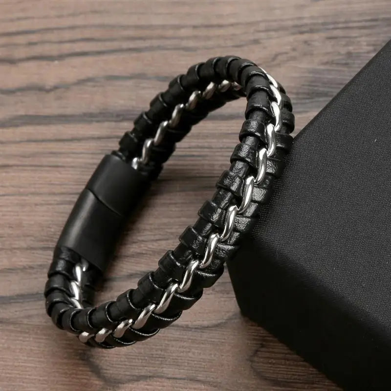 CowLost | jiayiqi-punk-men-jewelry-black-braided-leather-bracelet-stainless-steel-magnetic-clasp |22