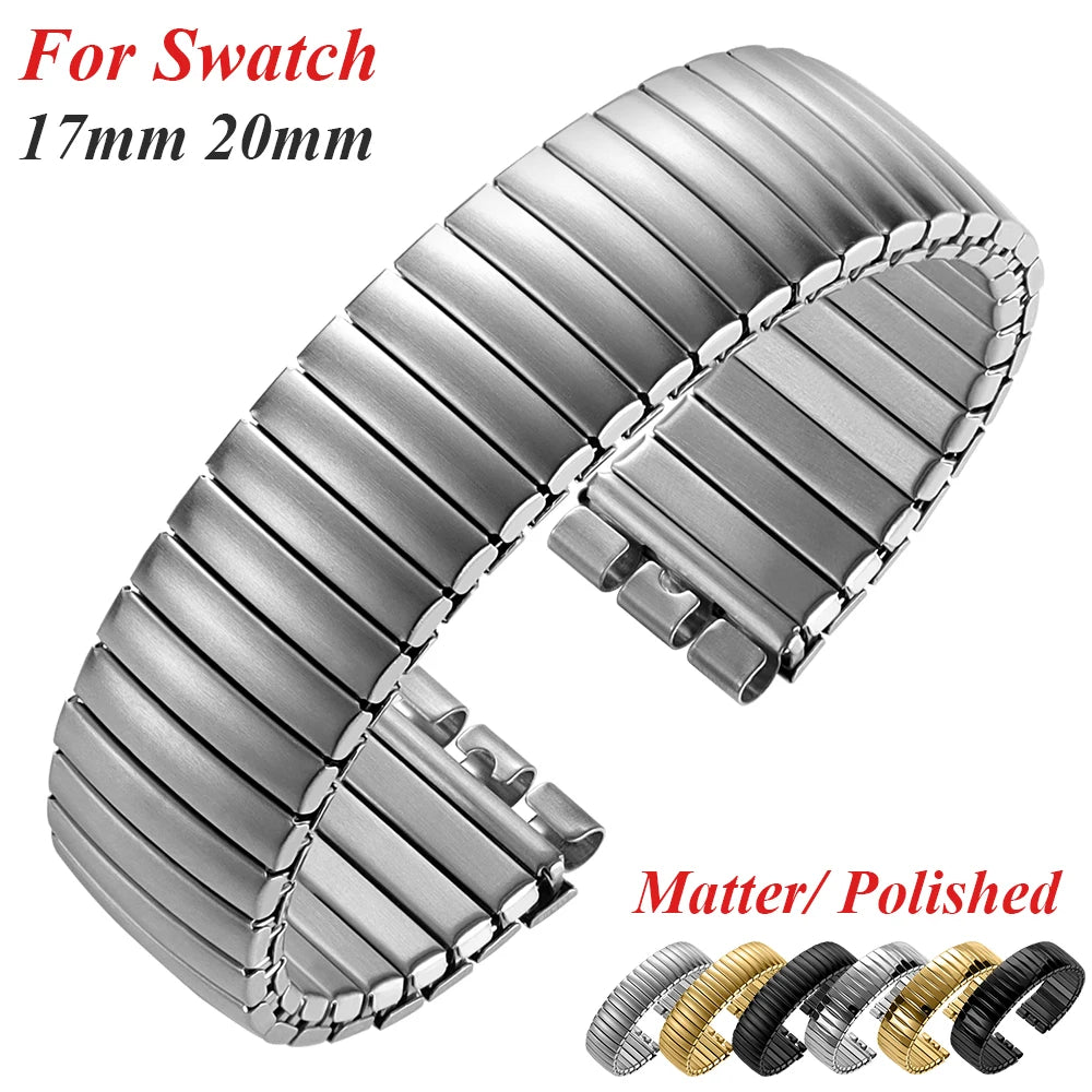 Elastic Stainless Steel Expansion Watch Band for Swatch 17mm 20mm Unisex Metal Strap