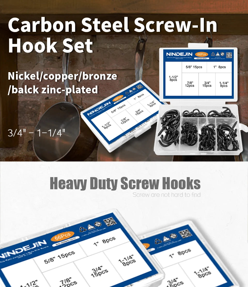 CowLost | nindejin-66pcs-heavy-duty-screw-hooks-kit-carbon-steel |7