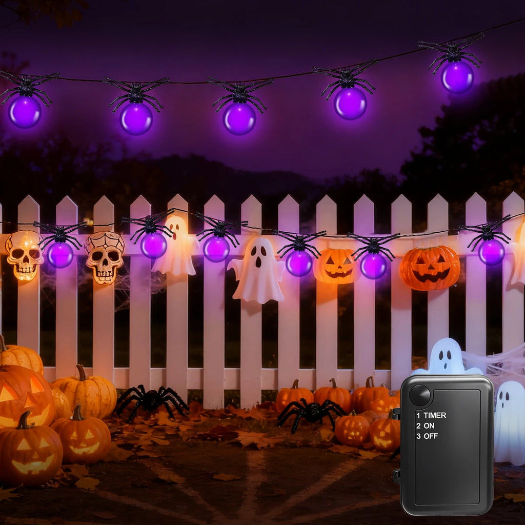 Battery Powered Purple LED Spider String Lights for Halloween and Christmas Decor