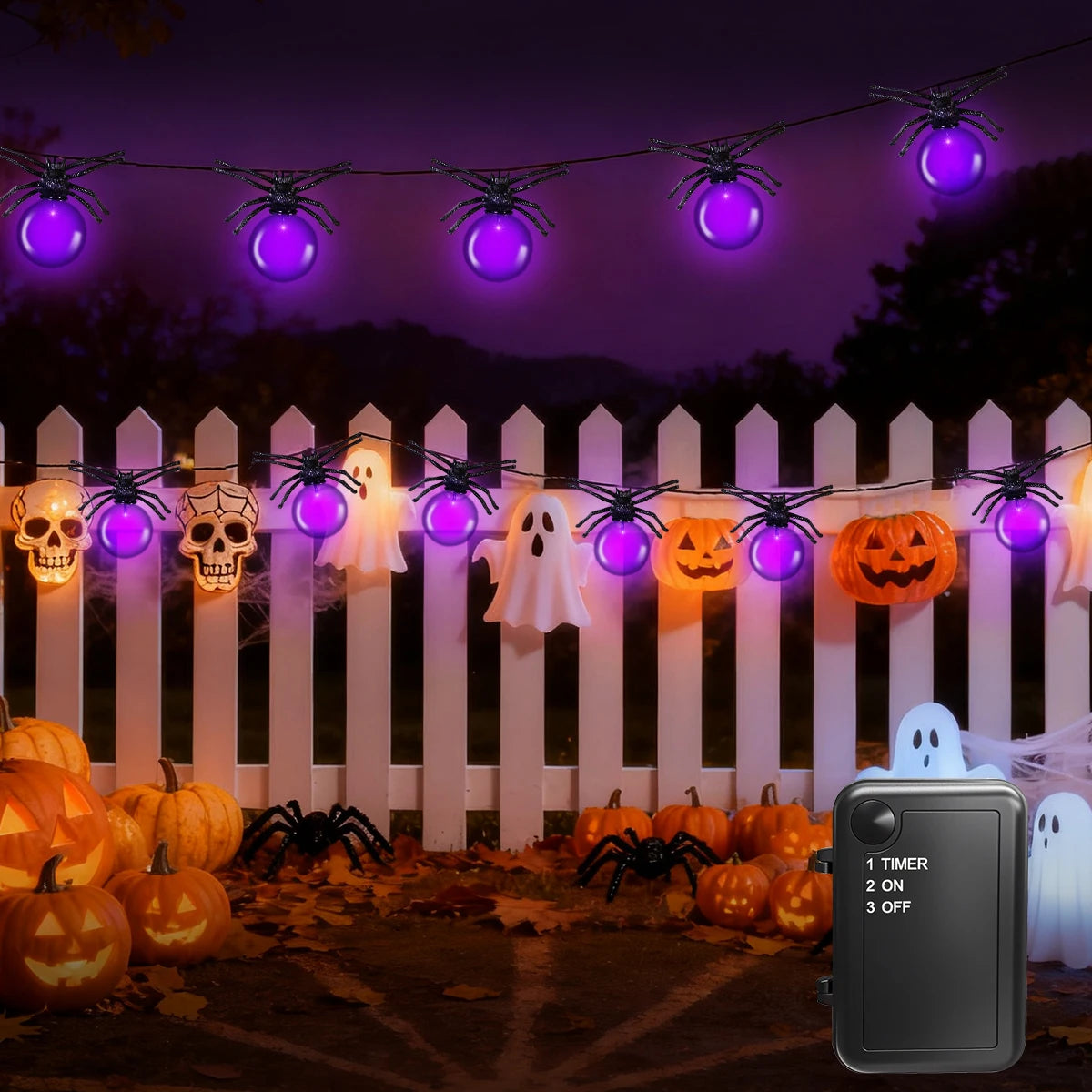 Battery Powered Purple LED Spider String Lights for Halloween and Christmas Decor