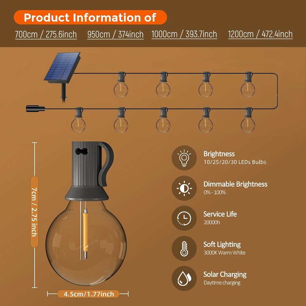 Mexllex 15.5M G40 Solar LED String Lights Outdoor Waterproof with 8 Modes for Patio Balcony Wedding