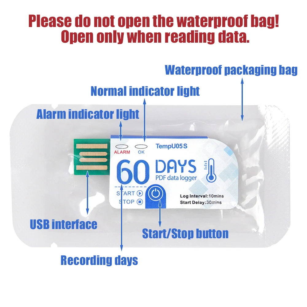 TempU05S USB Temperature Data Logger 60-Day Disposable 10000-Point PDF Report Cold Chain Recorder
