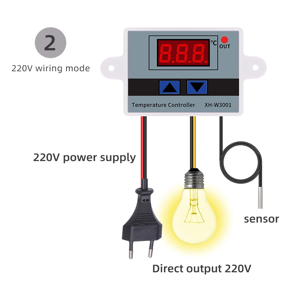 XH-W3001 Digital LED Temperature Controller Thermostat with NTC Sensor and Probe 220V for Incubator Cooling Heating