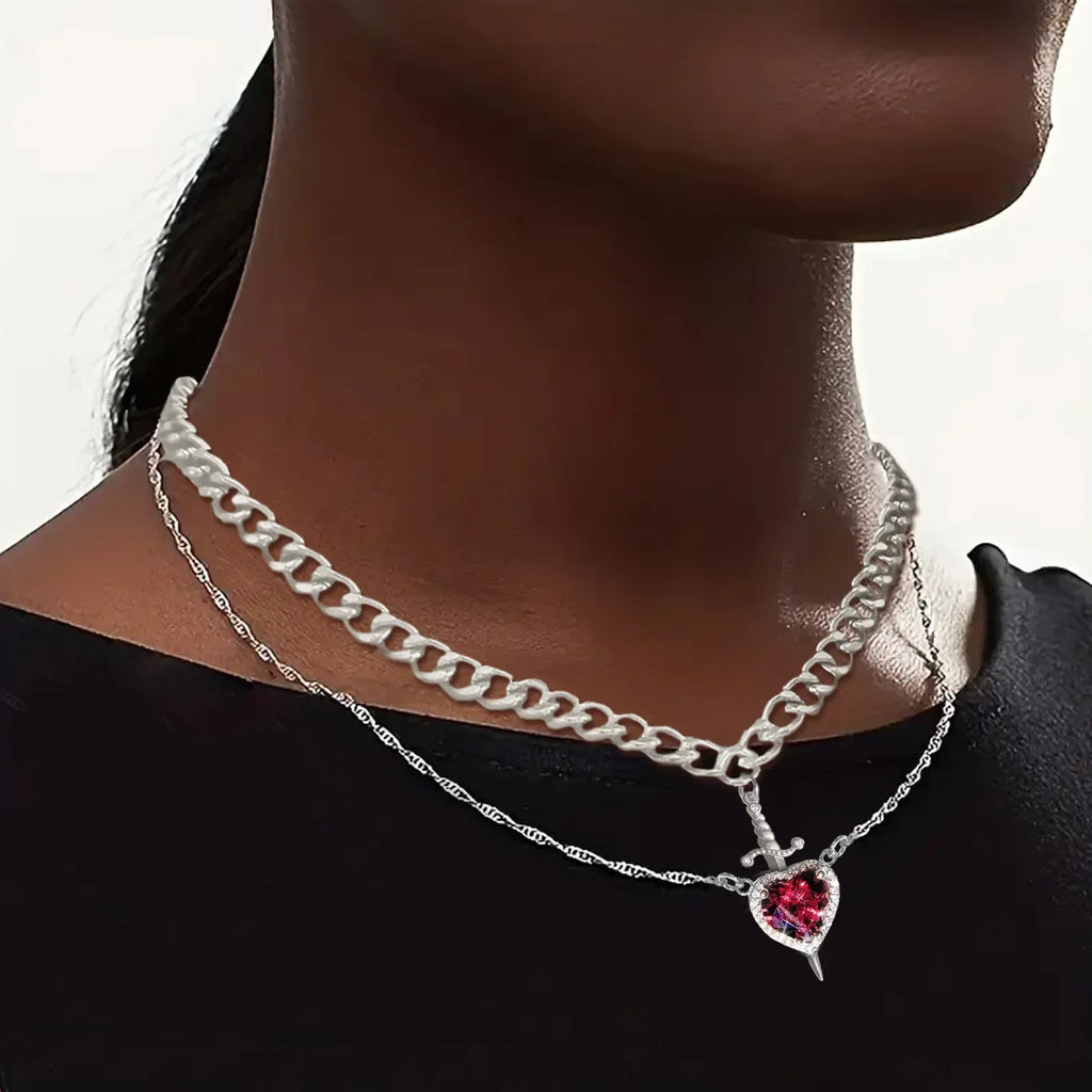 2pcs Heart and Sword Zircon Pendant Necklace for Couples Silver Gold Plated Choker