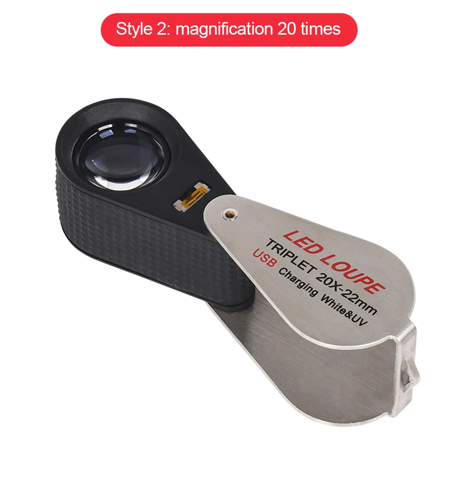 CowLost | 10x-20x-30x-40x-magnifier-loupe-with-dual-light-white-uv-led-illuminated-magnifier-jewelry-diamond-gemstone-eye-glass-for-repair |10