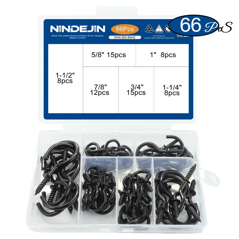 CowLost | nindejin-66pcs-heavy-duty-screw-hooks-kit-carbon-steel |15