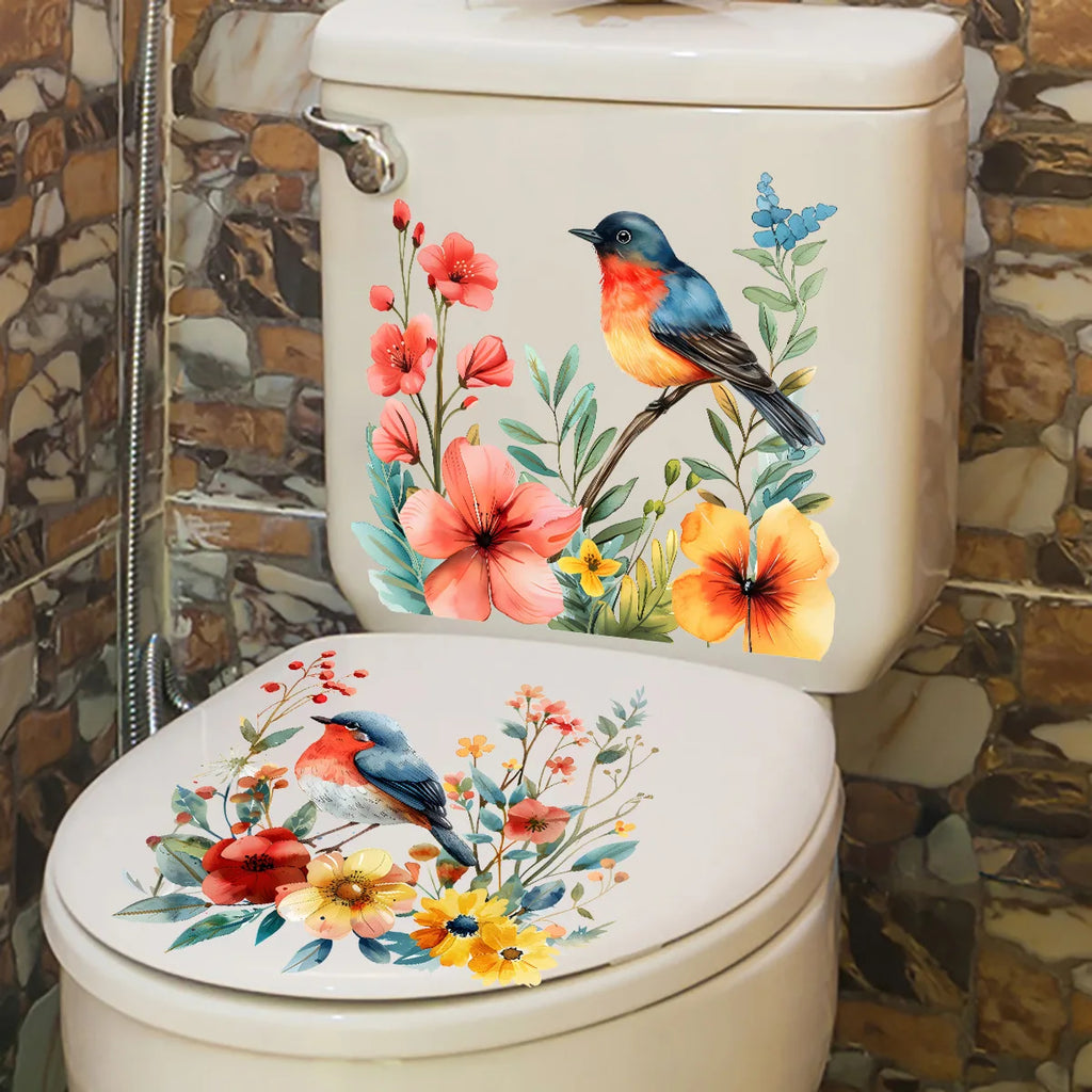 CowLost | 2pcs-diy-bathroom-sticker-bird-flower-design-for-bathroom |12