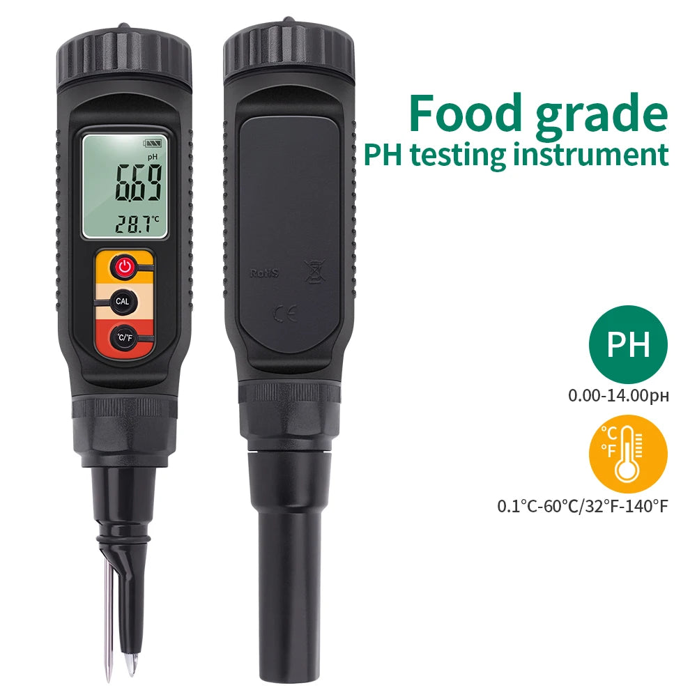 LCD Digital PH Meter 0.00-14.00 Handheld Soil, Food, Dough Acidity Tester for Fruit, Cheese, Meat, Skin