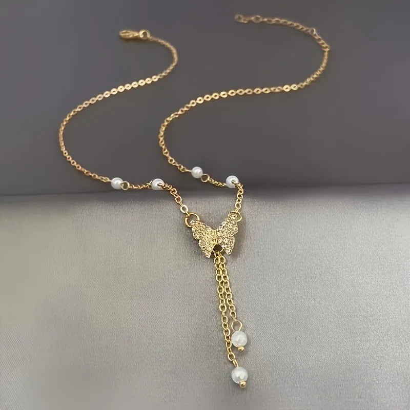 Women Gold Plated Butterfly Tassel Pendant Necklace for Party and Gifts