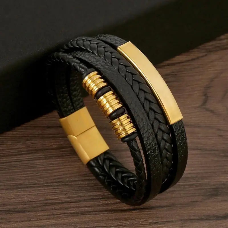 CowLost | punk-men-leather-bracelet-with-stainless-steel-magnetic-clasp-braided-mutilayer |10