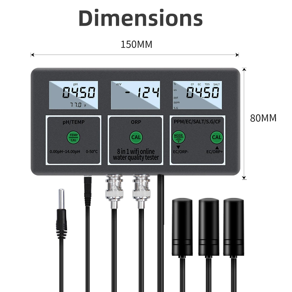 Tuya WiFi 8-in-1 Water Quality Tester pH/EC/TDS/Salt/S.G/ORP/CF/Temp Meter pH-W218 for Aquarium