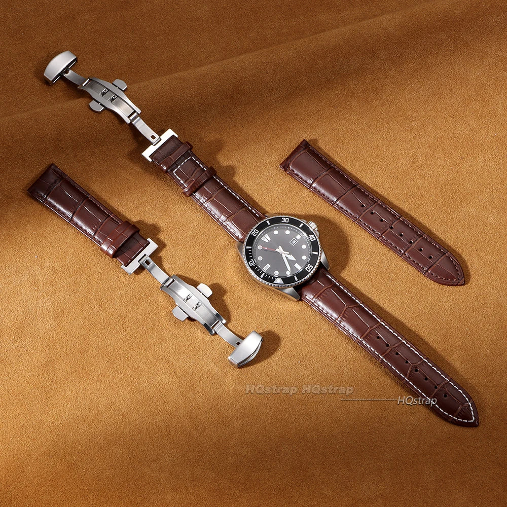 CowLost | product_id-genuine-calfskin-leather-watch-strap-16-24mm-black-with-brown-stitching-butterfly-buckle |3