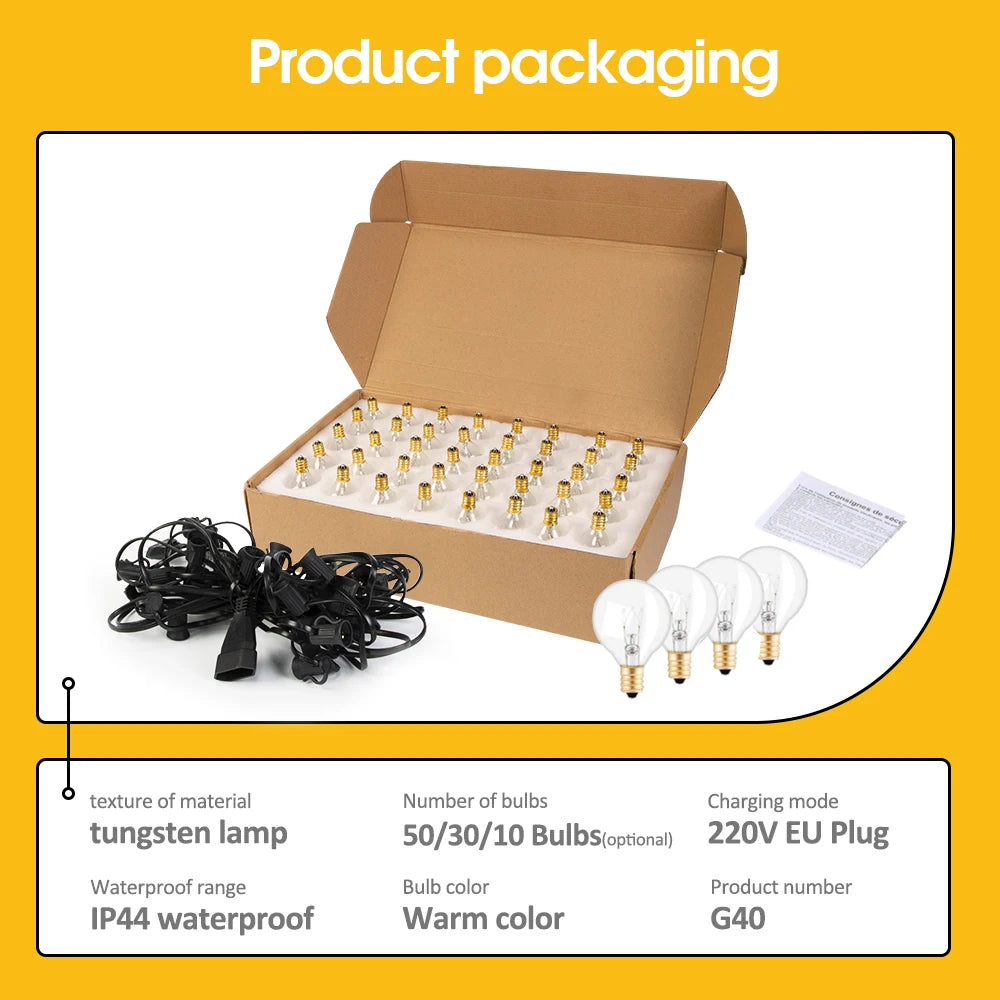 15M G40 Tungsten Outdoor String Lights, IP65 Waterproof, 220V Connectable Garland for Patio Porch Party Decor