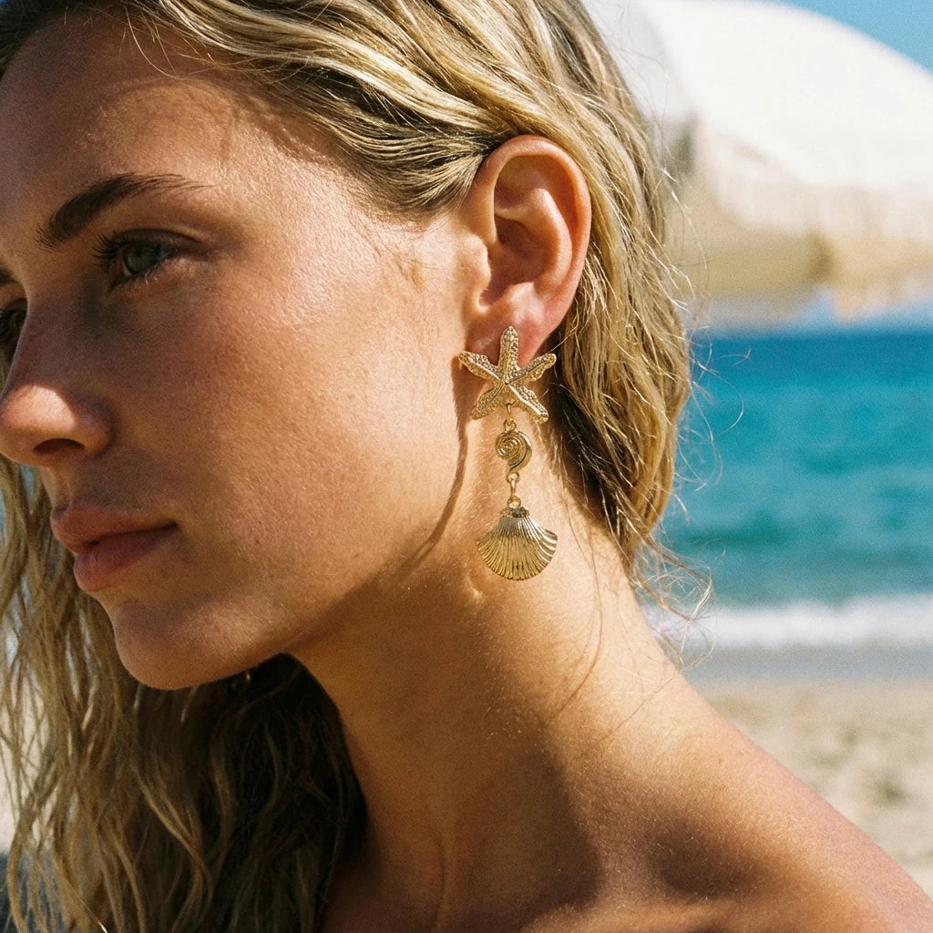 CowLost | boho-asymmetric-starfish-shell-pendant-earrings-for-women-gold-color-metal-textured-sea-star-conch-dangle-earring-beach-jewelry |9