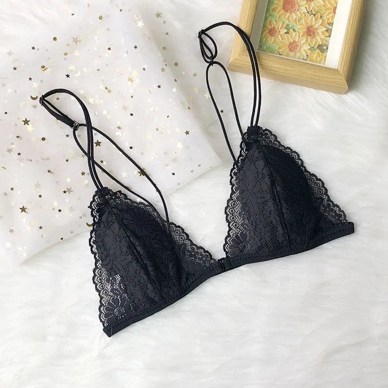 CowLost | product_id-wireless-french-style-triangle-cup-bra-with-front-button-lace-back-ultra-thin-straps |9