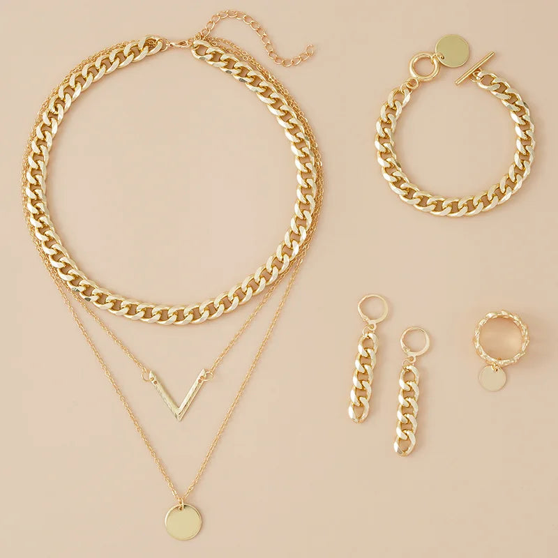 Vintage Multilayer V-Shaped 7-Piece Jewelry Set with Necklace, Earrings, Rings, and Bracelet
