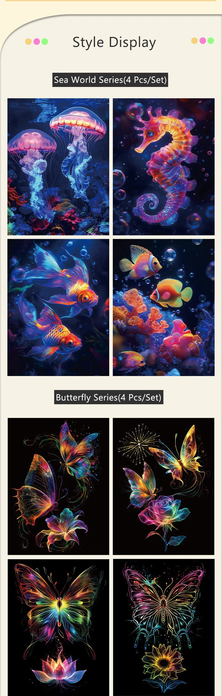 CowLost | product_id-4-piece-a4-diy-noctilucent-scratch-painting-set-sea-world-butterfly-peacock-whale-designs |9