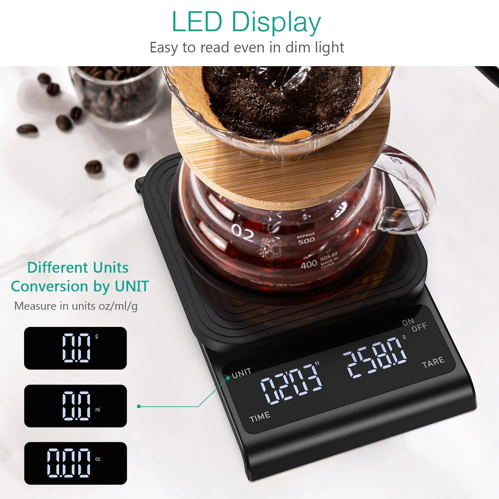 Digital Coffee Scale 3kg/0.1g Rechargeable Drip Espresso Scale with Timer for Kitchen