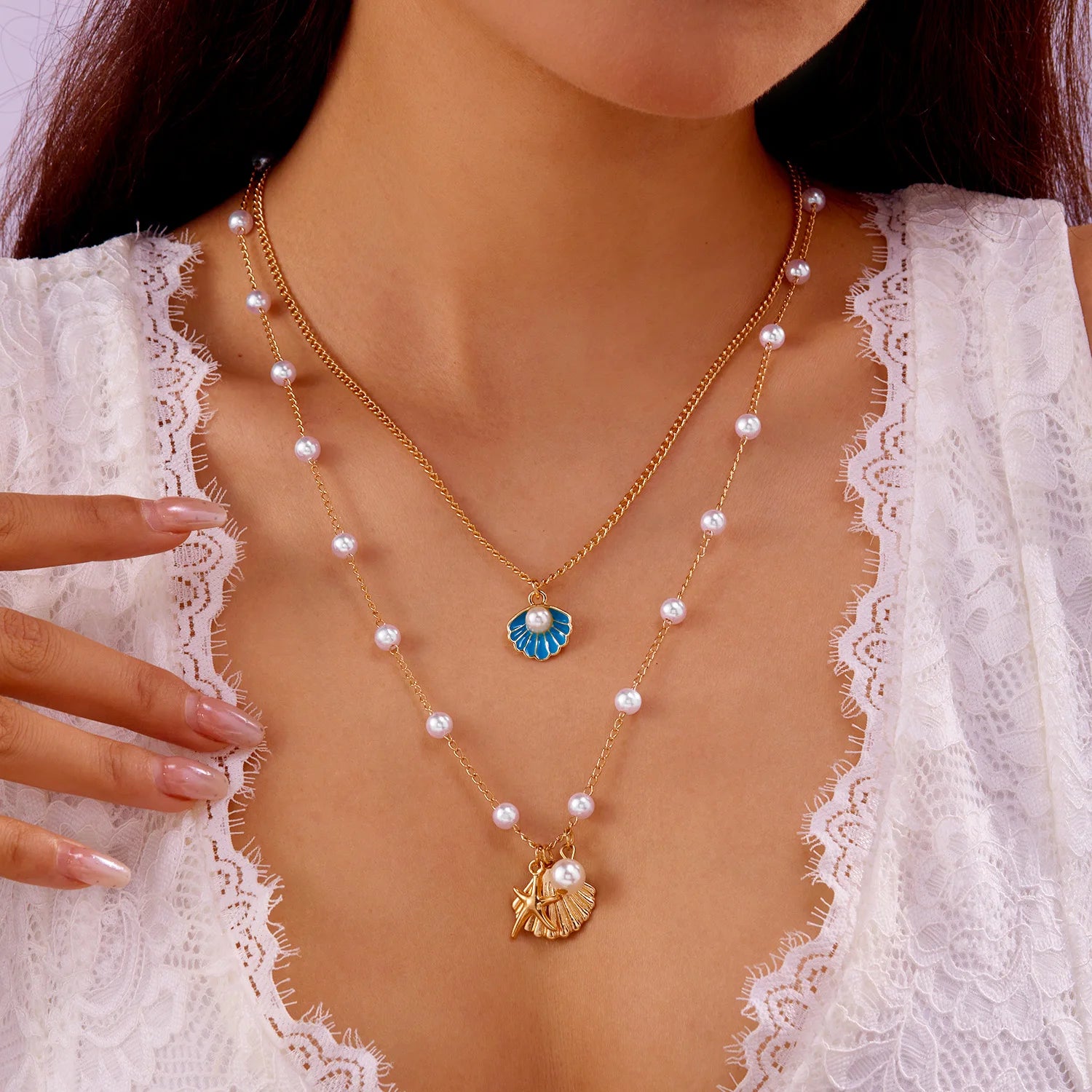 CowLost | boho-bohemian-sea-shell-starfish-pendant-necklaces-for-women-double-layered-tortoise-imitation-pearl-bead-chain-beach-jewelry |1
