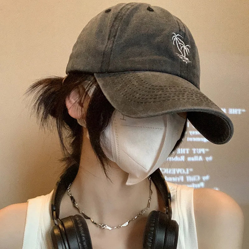 CowLost | unisex-washed-cotton-cap-coconut-tree-embroidery-vintage-baseball-cap |6