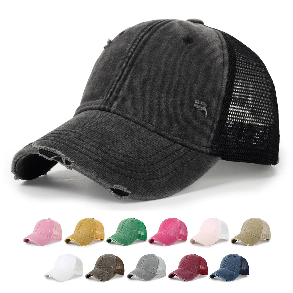 CowLost | washed-cotton-mesh-breathable-baseball-cap-made-old-ripped-light-board-cap |1