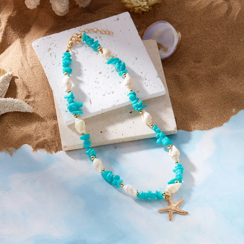 CowLost | bohemian-starfish-conch-pendant-necklaces-for-women-colorful-irregular-stone-choker-neck-chain-girls-summer-beach-party-jewelry |7