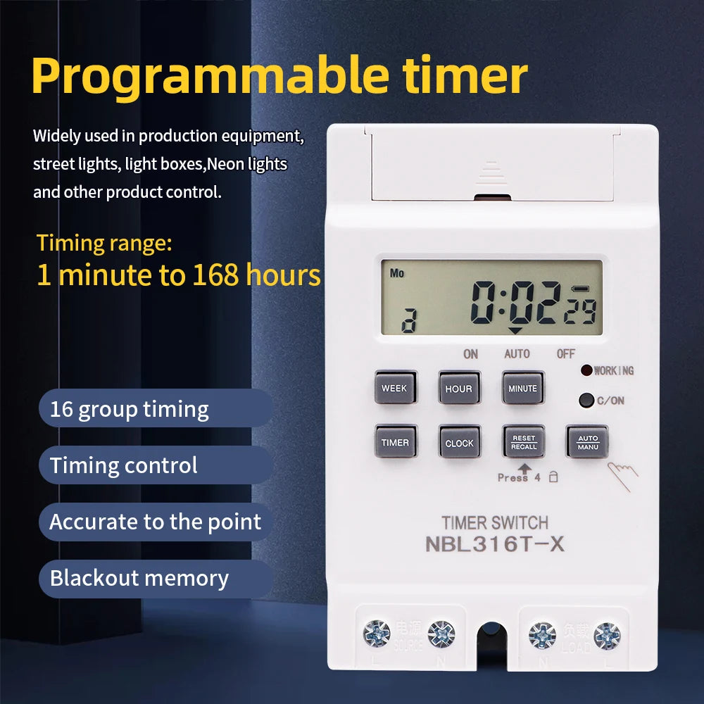 Digital 7-Day Programmable Timer Relay 220V 25/30A with Power Outage Memory