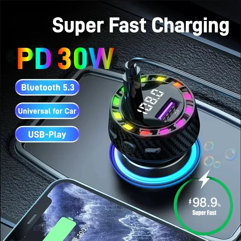 CowLost | usb-c-car-phone-charger-dual-pd-30w-2in1-with-voltage-display-bluetooth-5-3-super-fast-charge-adapter-for-iphone-samsung |1