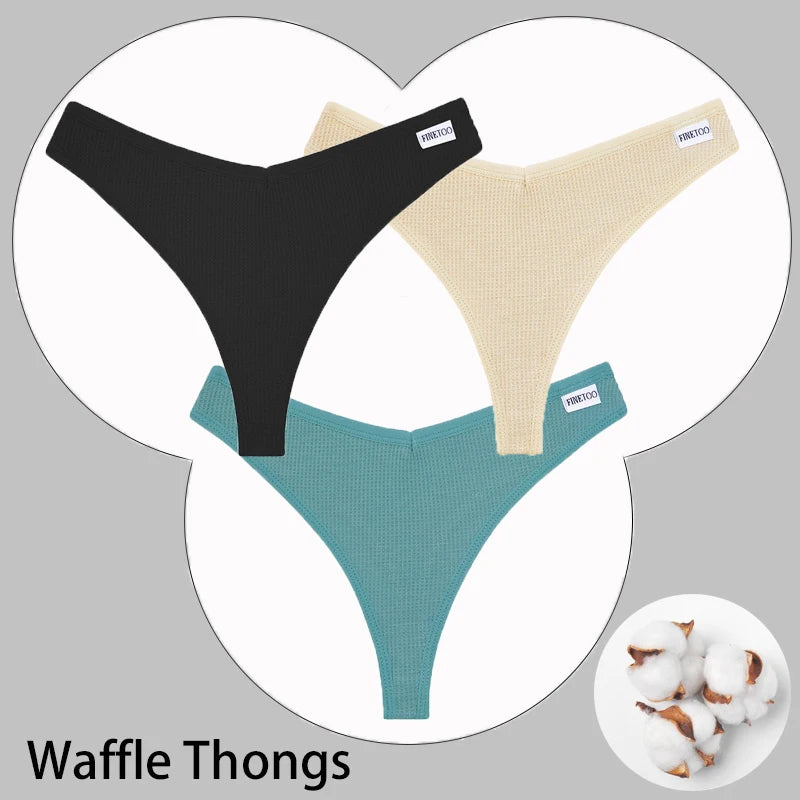 CowLost | activewear-pants-3pcs-cotton-waffle-women-s-sexy-thong-panties-set |57