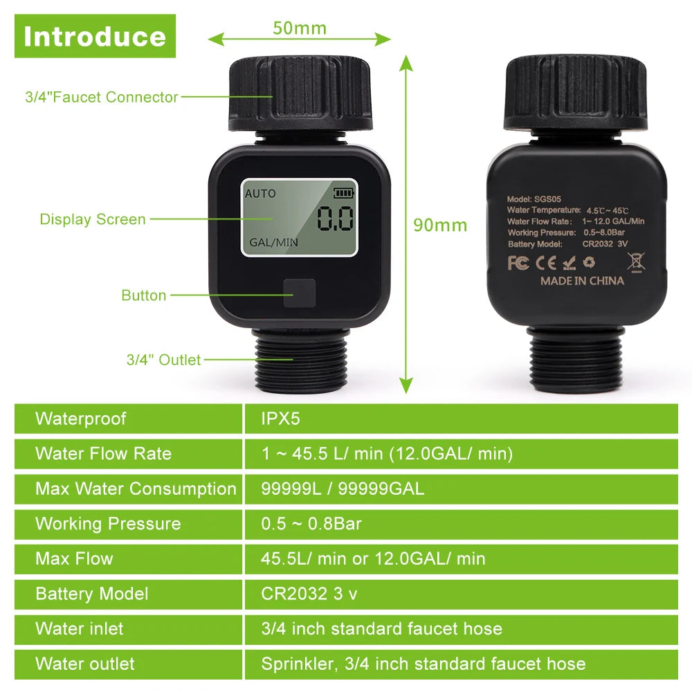 Waterproof 3/4" LCD Water Flow Meter for Irrigation Faucet Hose Sprinkler Outdoor Use