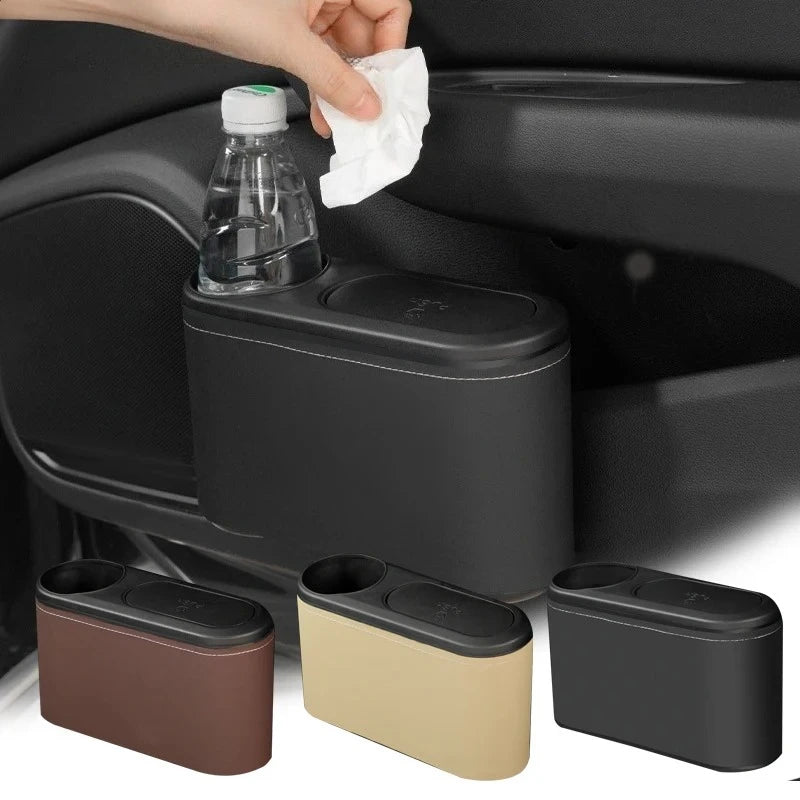 CowLost | can-organizers-product_id-car-rear-row-hanging-trash-can-with-abs-pressing-lid-and-drink-holder-universal-organizer |1