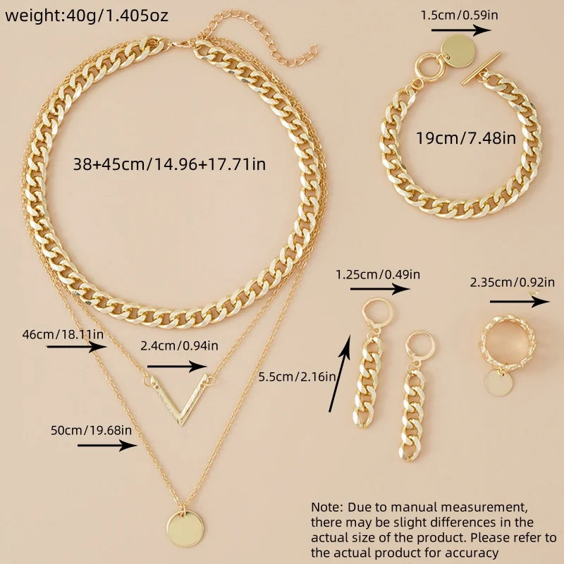 Vintage Multilayer V-Shaped 7-Piece Jewelry Set with Necklace, Earrings, Rings, and Bracelet