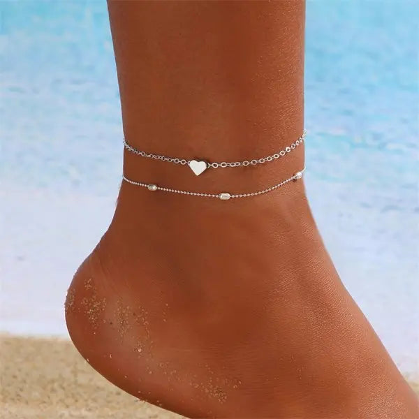 CowLost | simple-turkish-evil-eye-anklets-for-women-love-heart-double-layer-ankle-bracelets-bohemian-beach-party-barefoot-sandals-jewelry |9