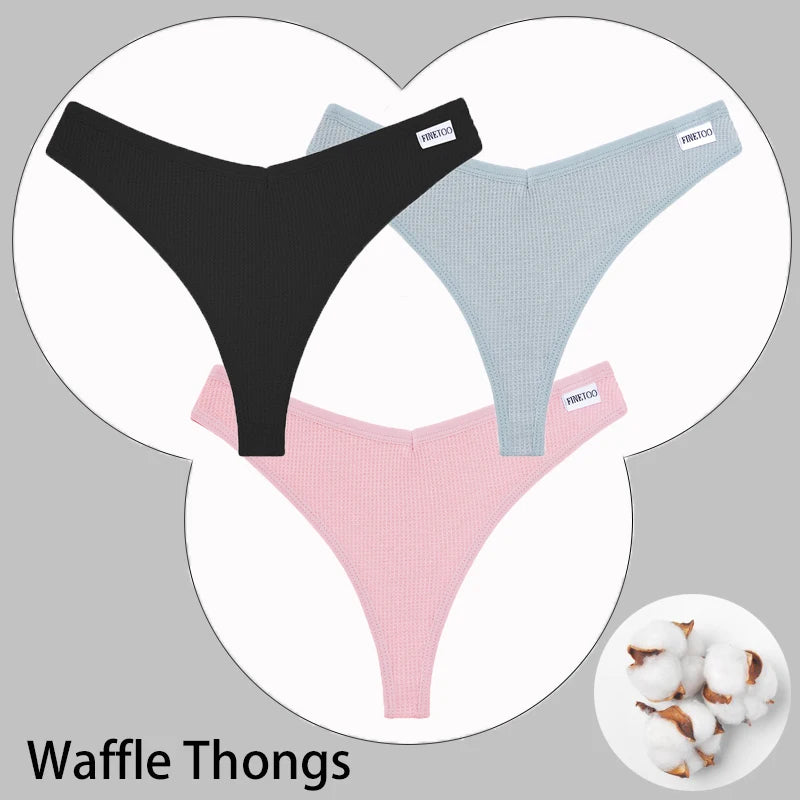CowLost | activewear-pants-3pcs-cotton-waffle-women-s-sexy-thong-panties-set |50