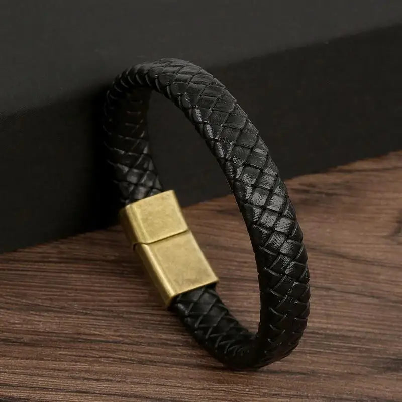 CowLost | badge-pass-holders-classic-mens-braided-leather-bracelet-with-magnetic-clasp |32