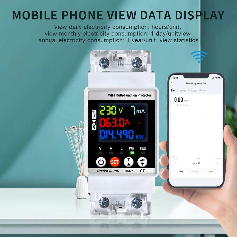 Tuya WiFi Smart Power Meter 63A Energy Switch with Automatic Protector and Voltage Tester