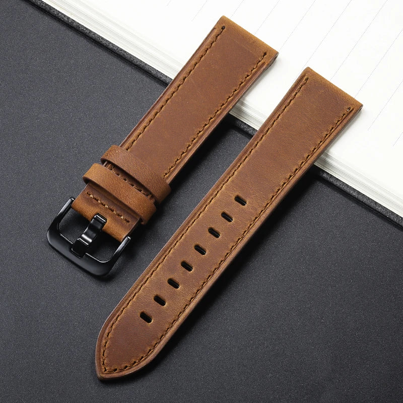 Leather Watch Strap 18-24mm for Samsung Galaxy Watch 7/6/5/4, Gear, Xiaomi, Casio Vintage Band