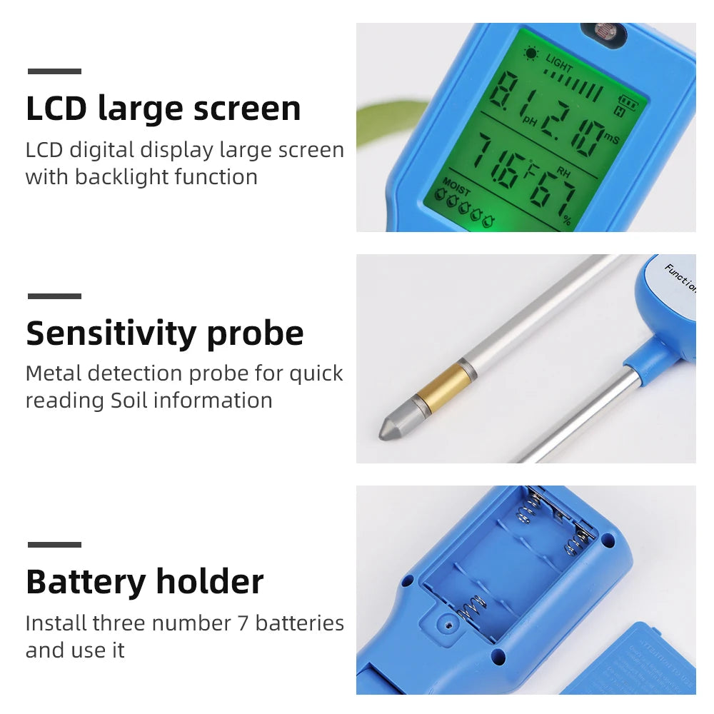 6-in-1 Soil Meter PH Moisture Temperature Light Humidity Fertility Tester LCD Rotate 90° for Garden Farm