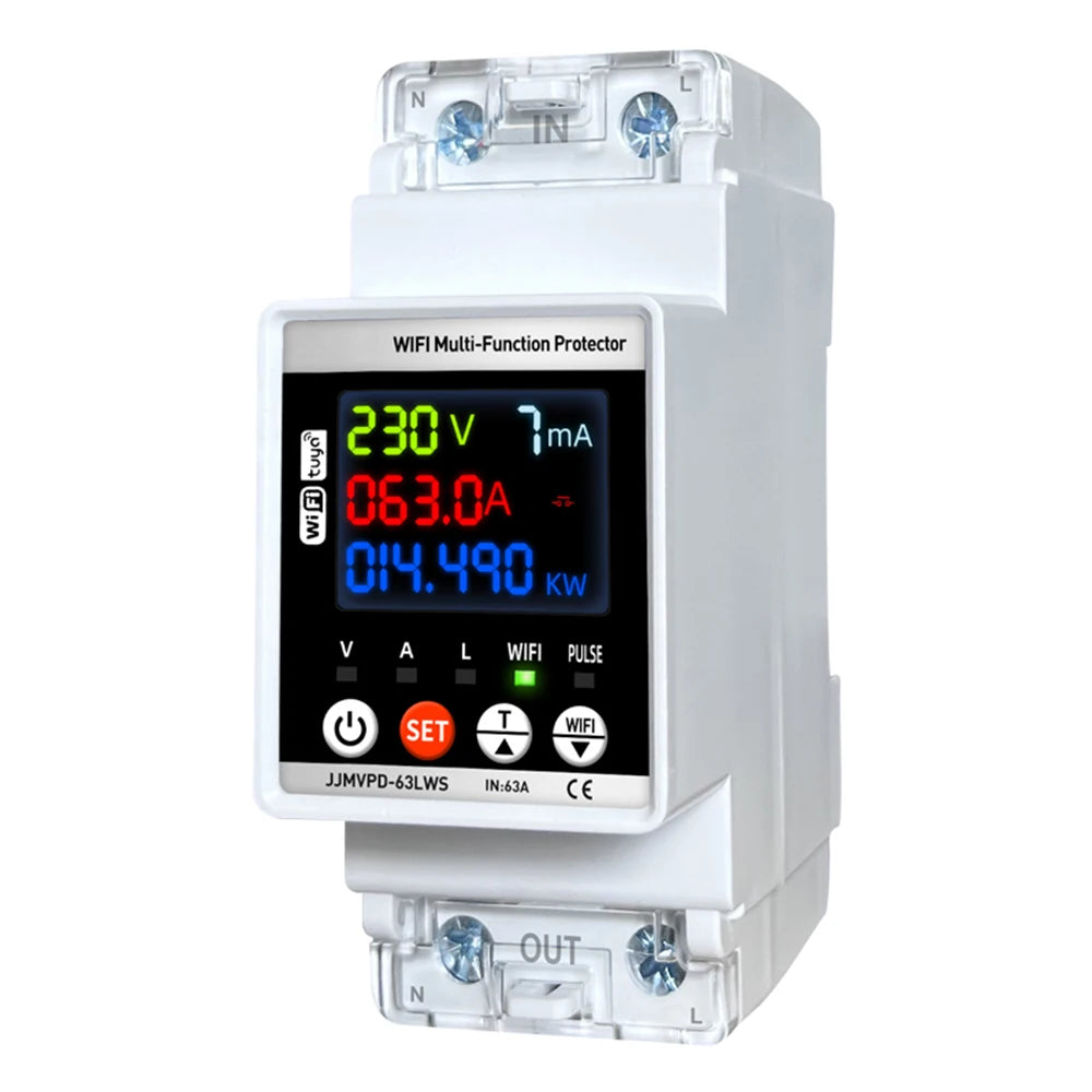 Tuya WiFi Smart Power Meter 63A Energy Switch with Automatic Protector and Voltage Tester