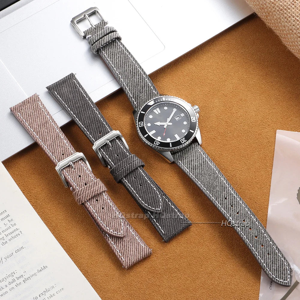 Quick Release Denim Pattern Watch Band 18mm-22mm Nylon Strap for Seiko Sport Wristwatch