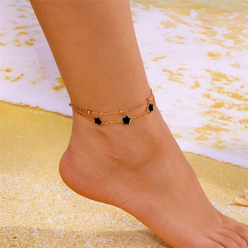 CowLost | new-5-leaf-flower-anklet-for-women-double-layer-lucky-flowers-metal-chain-bracelet-on-the-leg-beach-barefoot-sandal-jewelry |1