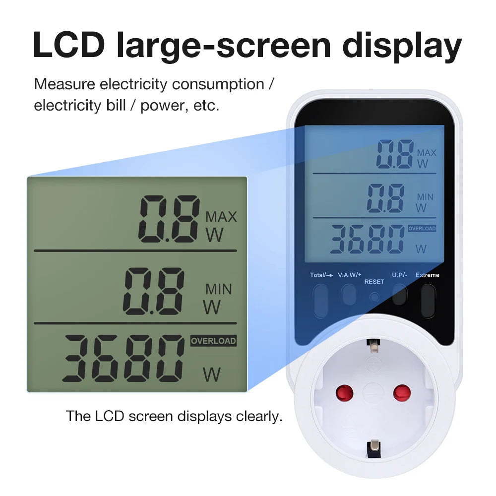 Digital Power Meter Socket 120-240V Wattmeter Energy Consumption Analyzer for Household Appliances