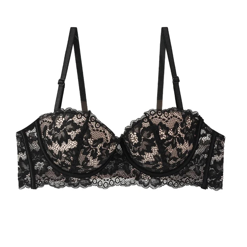 CowLost | black-lace-bra-women-small-chests-gathering-bralette-removable-shoulder-strap |17