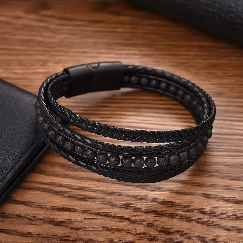 CowLost | badge-pass-holders-mens-natural-stone-beads-multilayer-leather-bracelet-with-magnetic-clasp |4